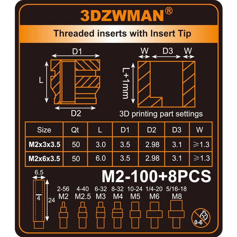 3DZWMAN مكونات إدخالات خيط M2 مع أدوات إدخال حرارية M2-M8، صواميل نحاسية مترية مزخرفة لمكونات الطباعة ثلاثية الأبعاد وأجزاء بلاستيكية (M2x3x3.5-50PCS M2x6x3.5-50PCS) - Image 3